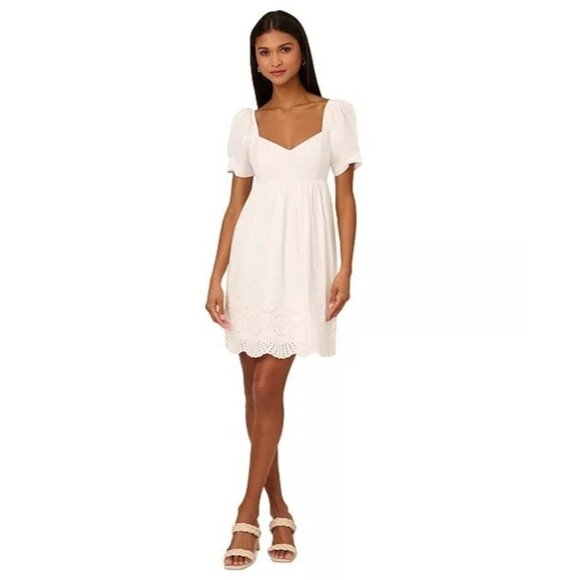 139$ Adrianna Papell Cotton Eyelet Puff-Sleeve Fit & Flare Dress Size 12 White